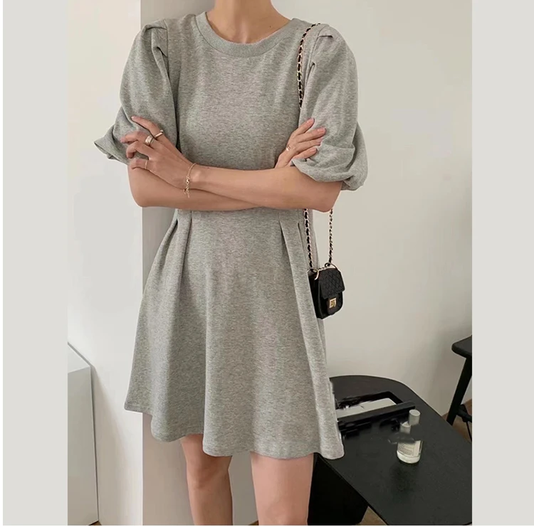 

COIGARSAM French Style Short Women dress New Summer Vintage Puff Sleeve High Waist Dresses Gray Black 2469