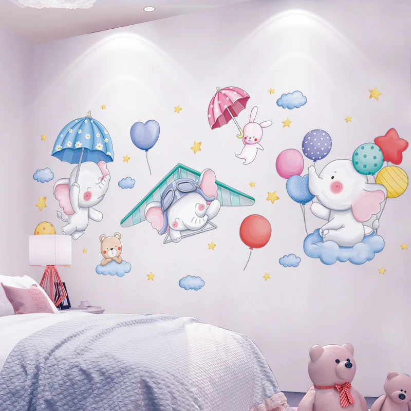 

[Shijuekongjian] наклейки на стену с животными «сделай сам», слоны, воздушные шары, роспись, наклейки для детской комнаты, спальни, детской комнаты, ...