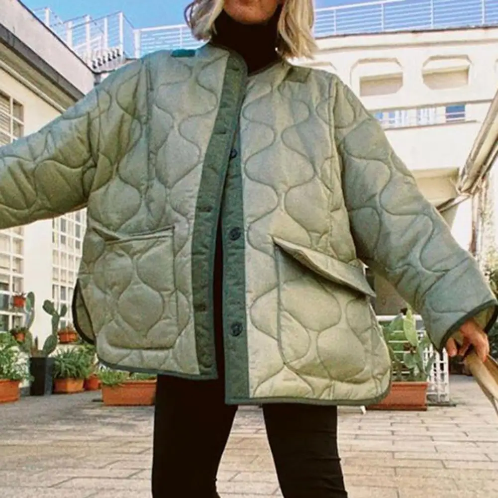 Dropshipping!Autumn Winter Quilted Women Jacket Flap Pockets Loose Fit Round Neck Long Sleeve Lightweight Slit Coat Outwear