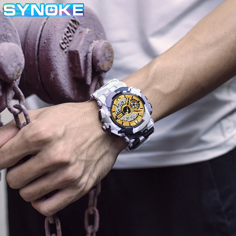 

SYNOKE Men's Sport Watch G Waterproof & Shock Camouflage Military Watches Colorful LED Alarm Luxury Quartz Watch For Men Relogio