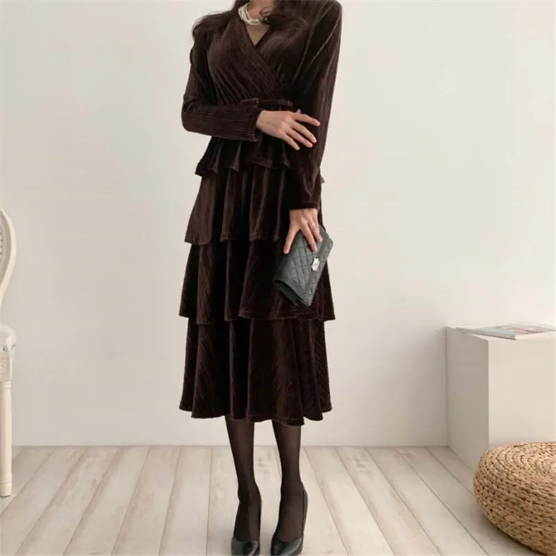 HziriP вельветовое Стильное однотонное элегантное платье с v-образным вырезом 2020