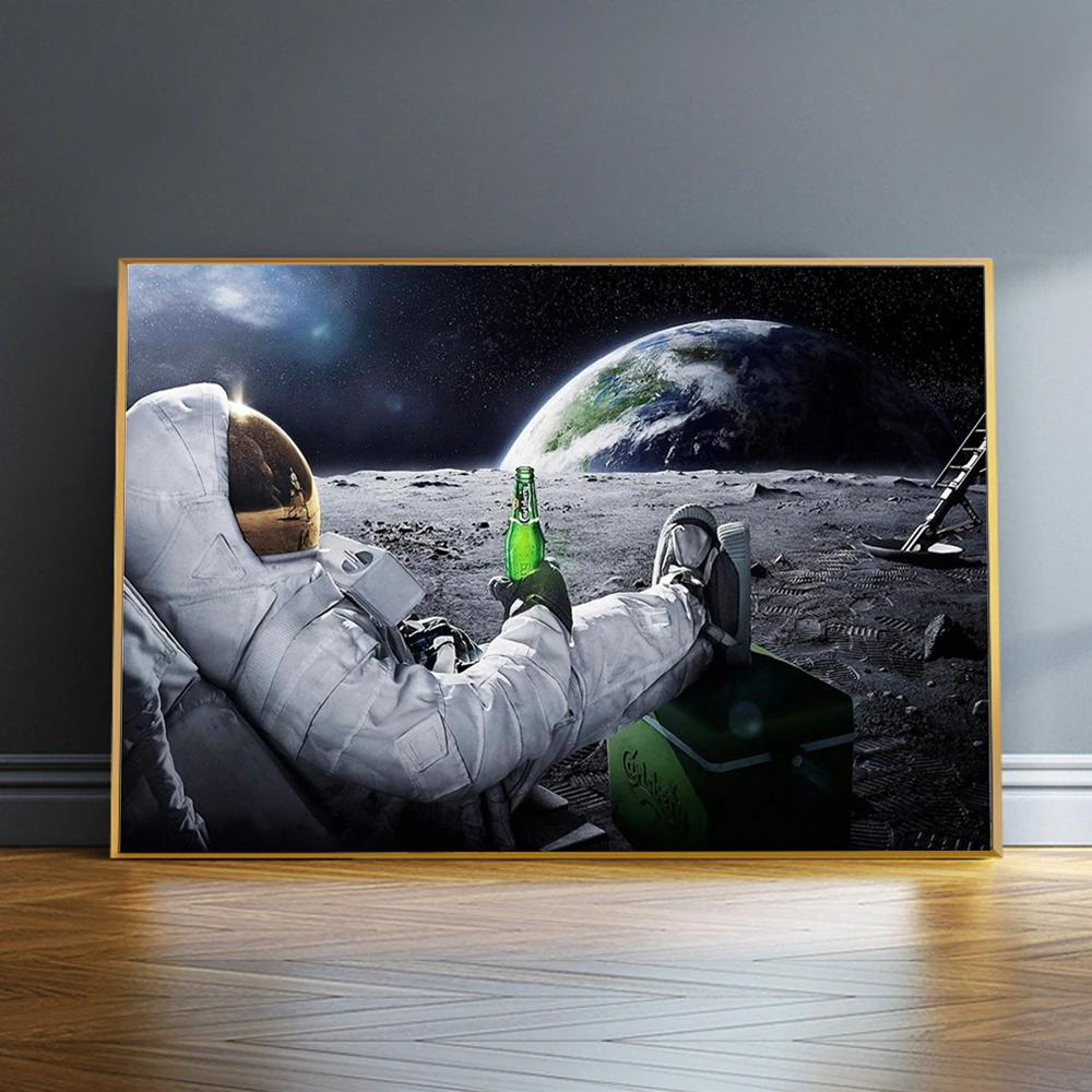 

Modern Art Canvas Painting Outer Space Earth Astronaut Drinking Beer Cardros HD Painting Posters and Prints Wall Picture Decor