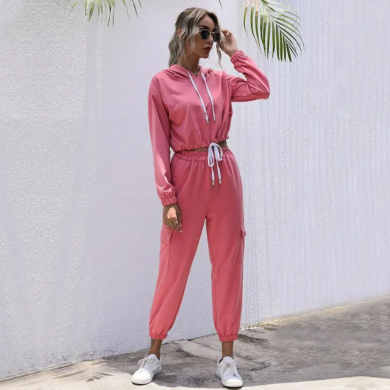 

2021 Spring New Long-Sleeved Drawstring Tie Casual Street Sports Solid Color Pink Navel Hooded Sweater Suit Female Two-Piece Sui