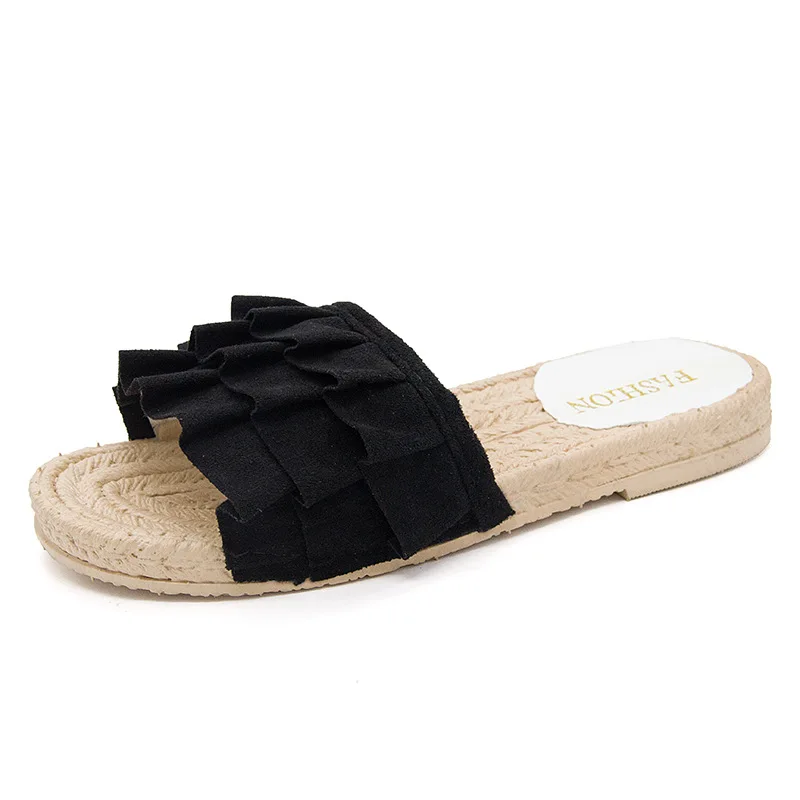 

Women Pleated ruffles macrame beach flat slides summer candy flipflop sandals open toe faux straw knitted pvc fisherman slippers