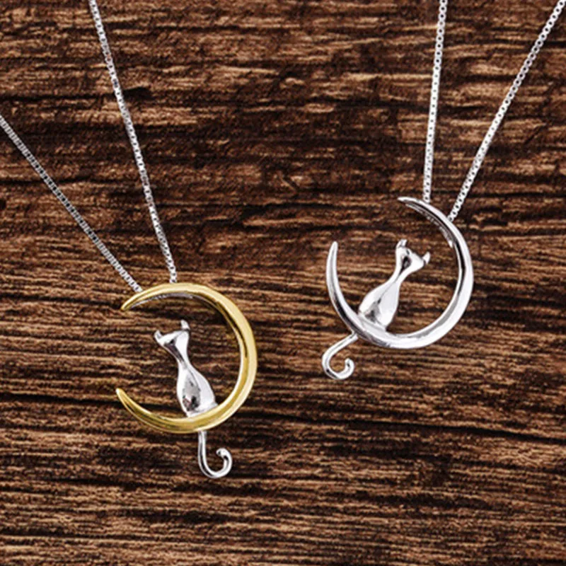 

New S925 silver moon kitten neck chain simple design net red pendant lovely student clavicle chain necklace accessories