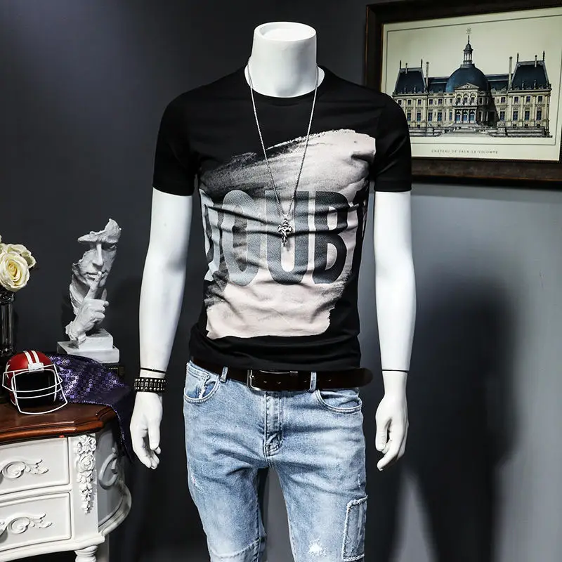 

Top Men T-shirt Round Neck Printed Cotton T-shirt Bottom Shirt Short Sleeve Men's T-shirt Summer Korean Men's Youth Slim Collar