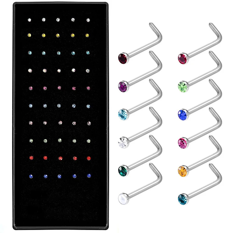 

40pcs/box Stainless Steel L Shape Nose Stud Pack 20G Crystal Indian Nose Ring Set Bone Lot Nose Piercing Nariz Pin Body Jewelry