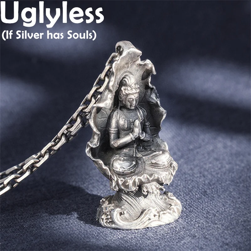 

Uglyless 999 серебро ручной работы лотос лист стол плантация искусство для мужчин творческие Buddhistic ожерелья портрет без цепочки