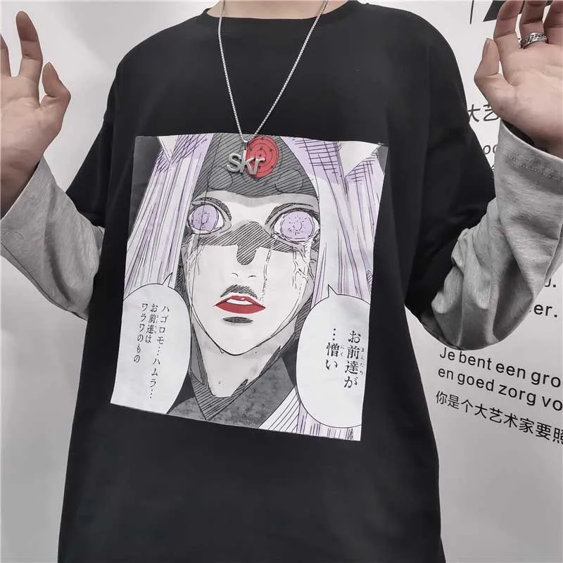 

Harajuku T-shirt Women Patchwork Fake 2 Pieces Print Letters Comics Loose Long Sleeve Shirt Women Streetwear