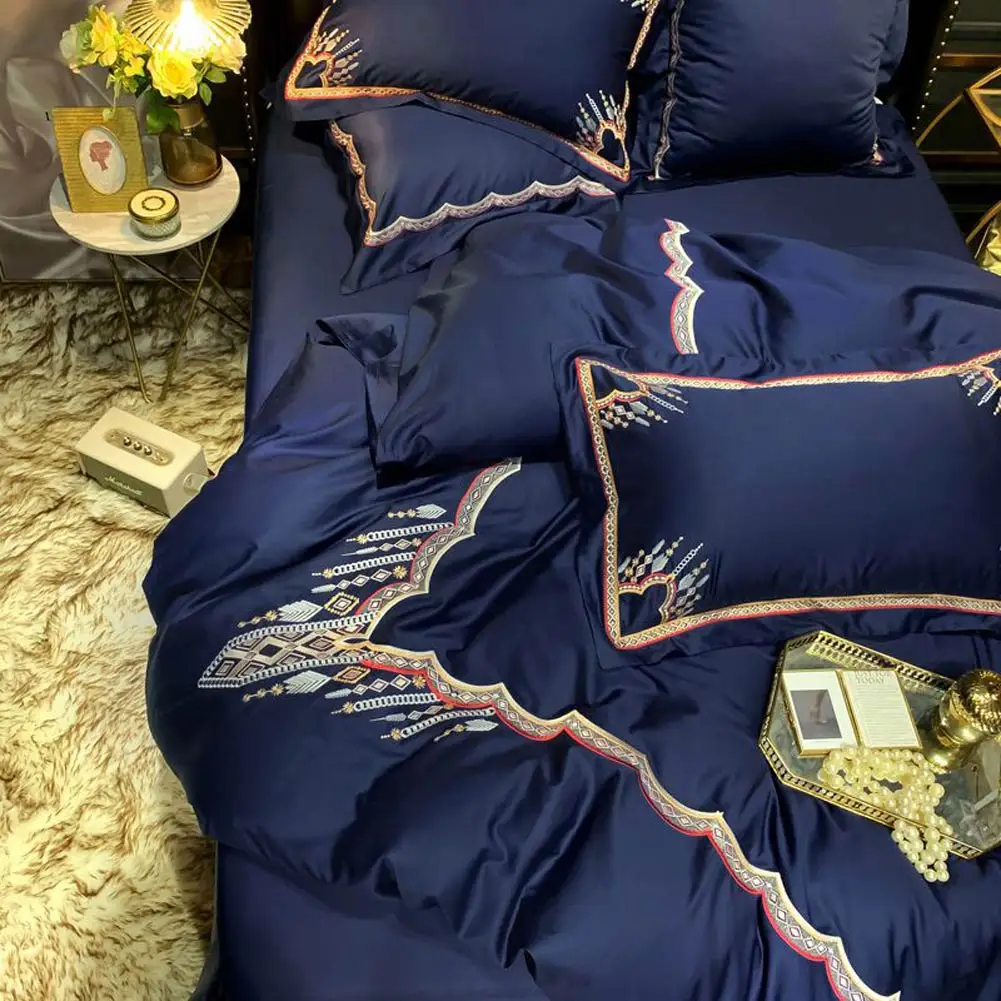 

Svetanya Dark Blue European Egyptian Cotton Bedding Set Embroidery Queen King Size Duvet Cover Fitted Sheet Pillow Shams