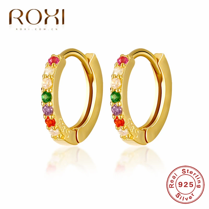 ROXI 100% 925 стерлингового серебра Мини Круглые серьги Радуга CZ гвоздики для женщин