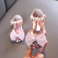 2022 spring summer girls princess shoes for wedding party dance rhinestone bowknot sandals kids silver pink leather shoes child