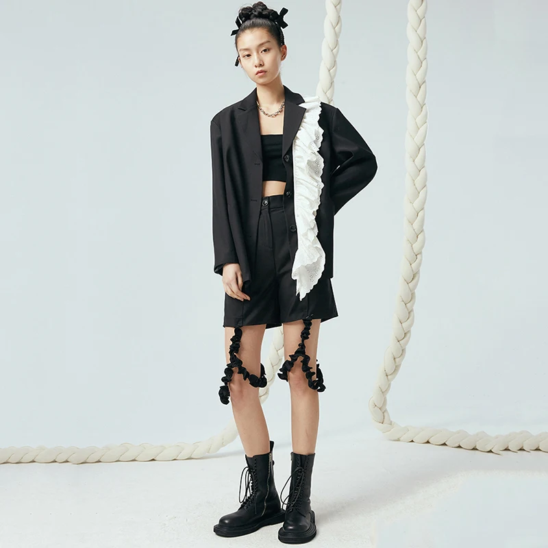 [EAM] Women Lace Big Size Contrast Color Blazer New Notched Long Sleeve Loose Fit Jacket Fashion Tide Spring Autumn 2021 1DD5715