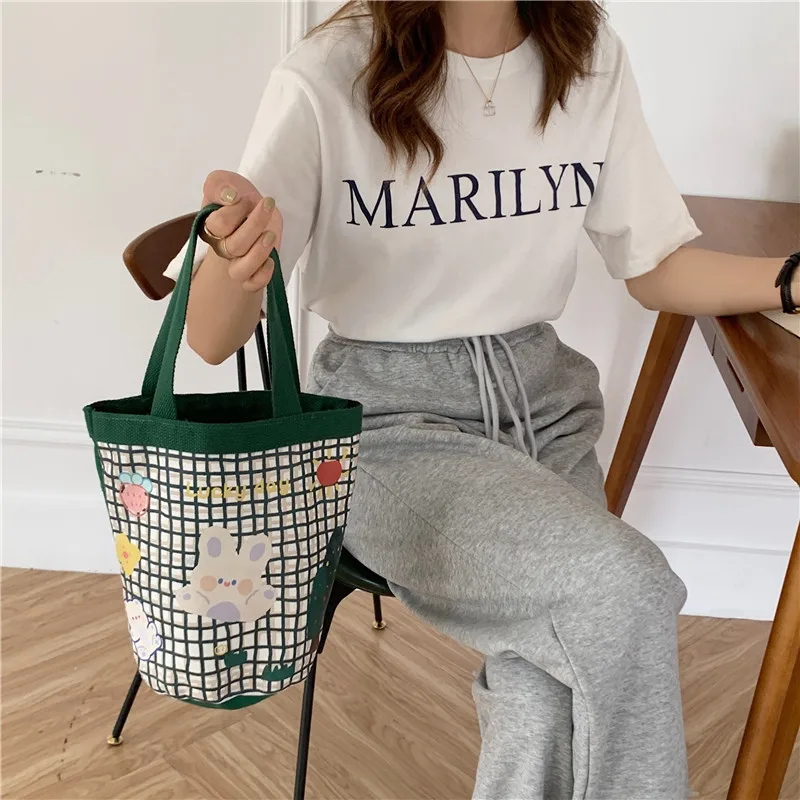 

Cute messenger canvas shoulder bag female cartoon bunny print lady bucket handbag new trendy portable young girl brum bag