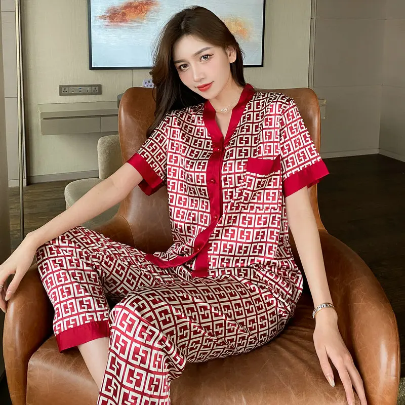 CAIYIER Women Pajamas Set Sexy Luxury Fashion Letters Print Summer Short Sleeve Silk Like Leisure Home Clothes Pants Sleepwear