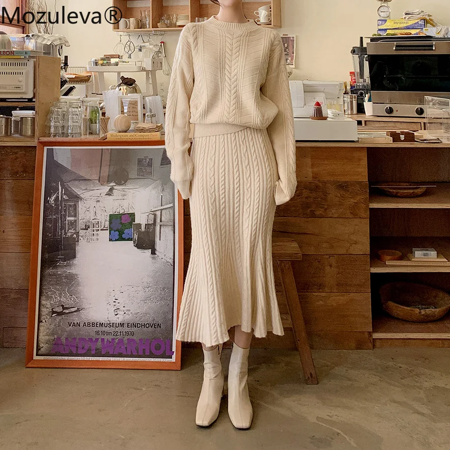 

Mozuleva Autumn Winter Women Knitted Mermaid Skirt Sets Korean Pullover Sweater + High Waist Skirts Suit Sets Female Sweater Set