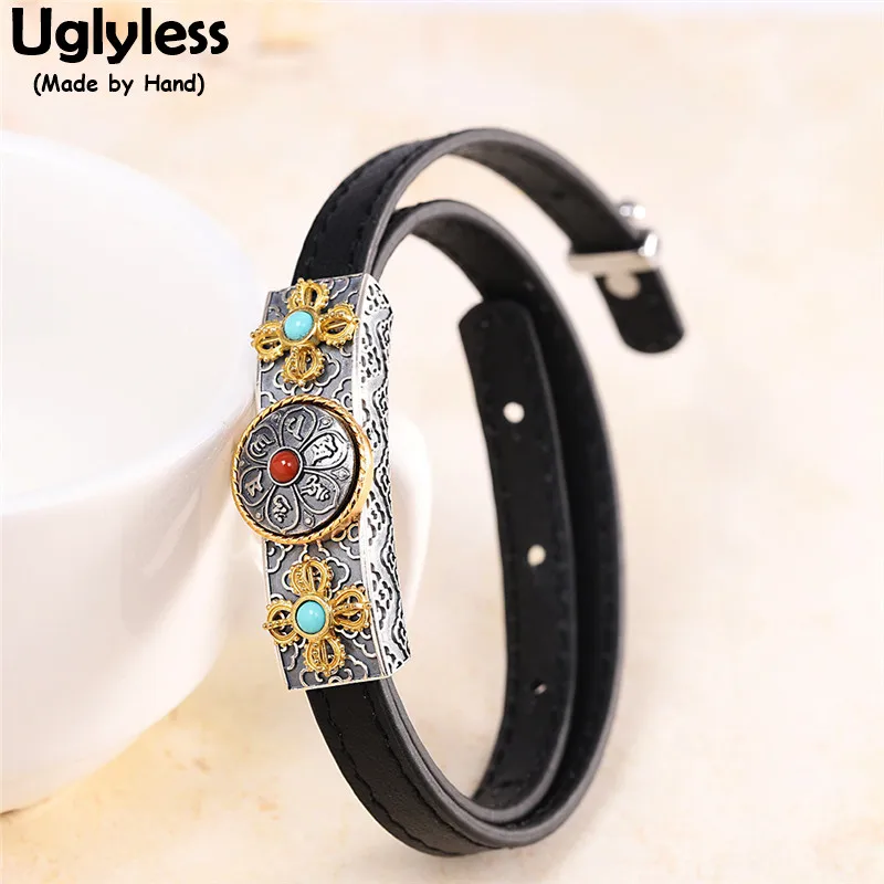 

Uglyless Spinning Buddhism Vajra Bracelet Men Real Leather Bracelets Leisure Casual Twist Leather Turquoise Bangles 925 Silver