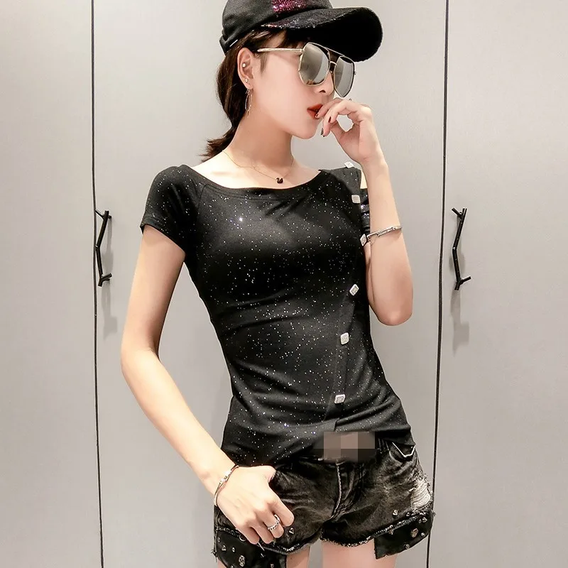 

Hot Sexy Summer Womens Hollow Out Slim Fit T-Shirts Fashion Short Sleeve Slash Neck Fake Button Female Tees Top Plus Size XXXL