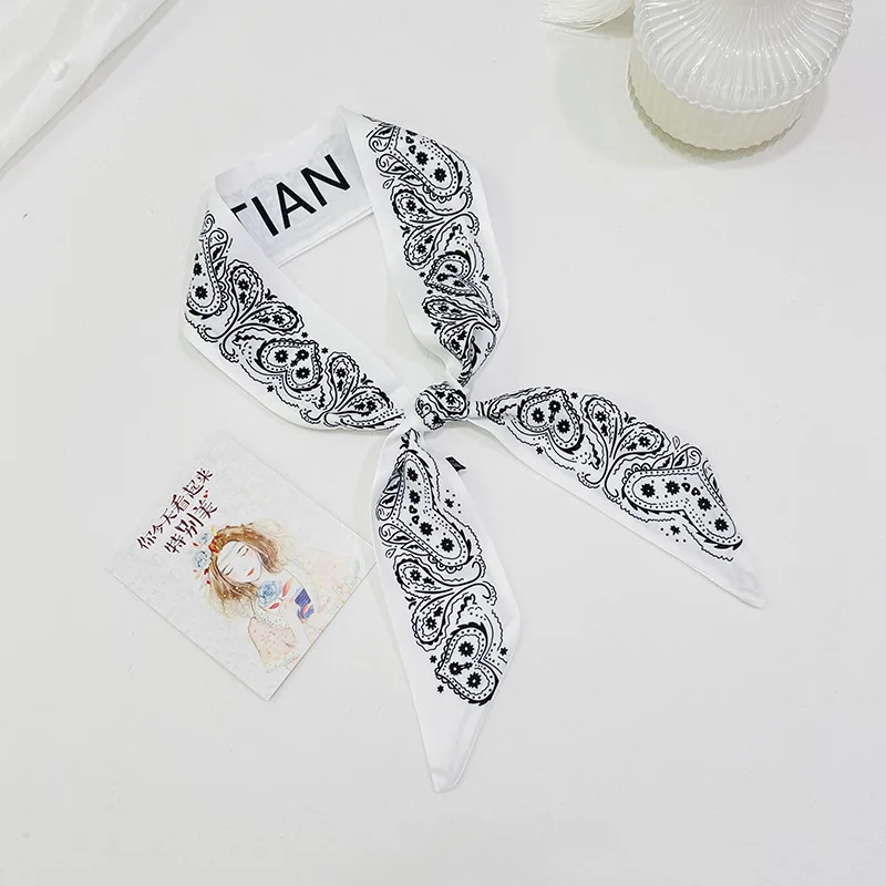 

Double-Sided Pointed Small Ribbon Women's Silk Scarf Artificial Silk Twill Black and White Cashew Stewardess Scarf with Hand