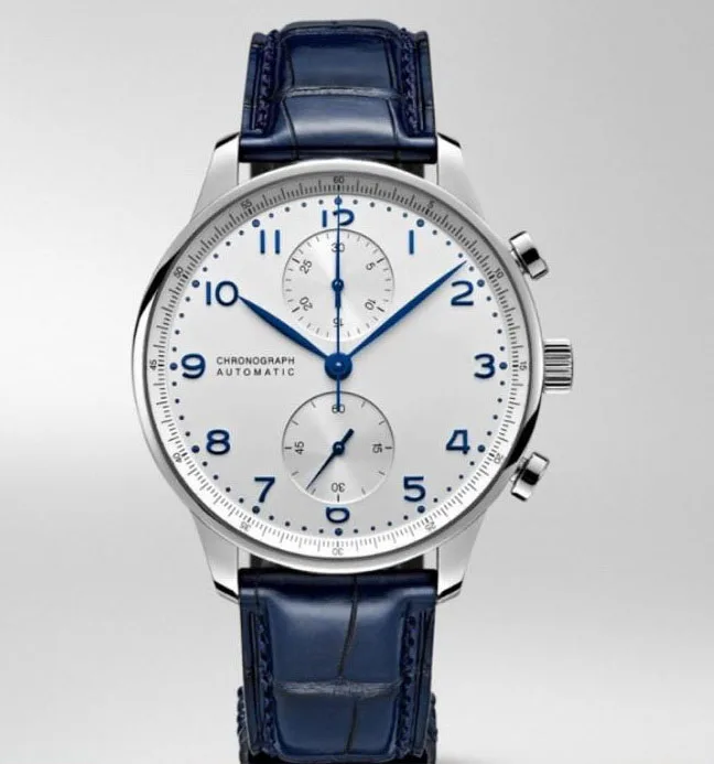 

Classic New Chronograph Men Watch Stopwatch Sapphire Watches Silver Blue Leather Sport Limited White Dial Watch AAA+