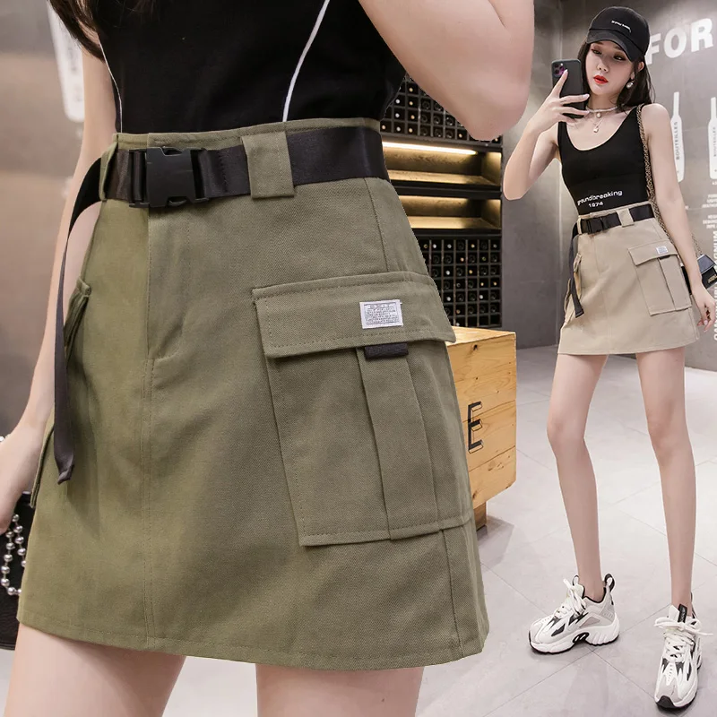 

Big pockets high waist a line school girl y2k black summer Korean fashion women short mini skirts miniskirt WITH BELT C279
