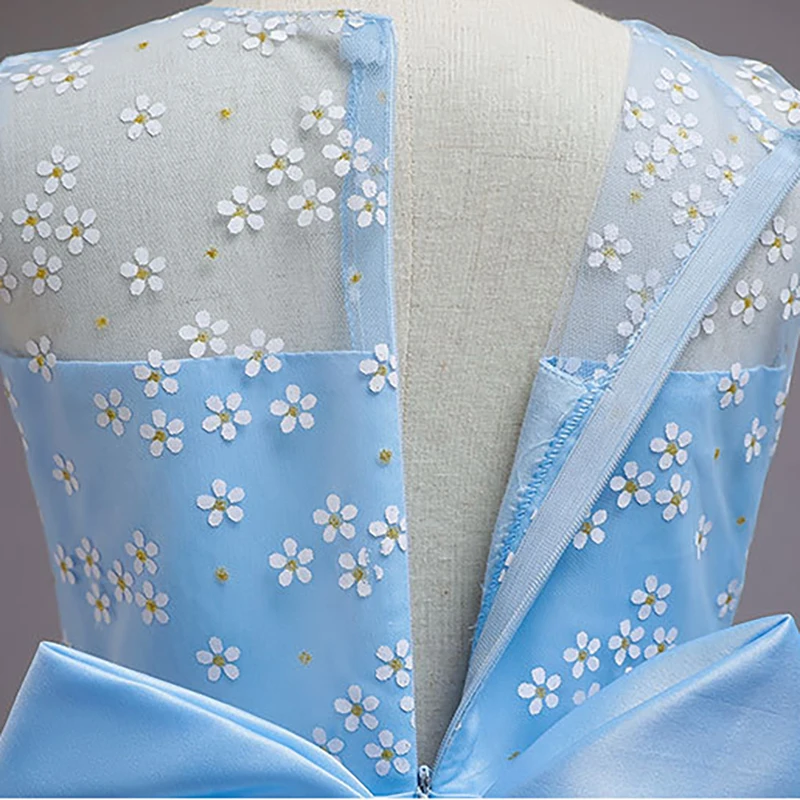 

Luxury Blue Flower Girls Dresses Bow Flowers Sleeveless Lace Tulle Ball Gown O-Neck Floor-Length Kids Party Princess Skirt D308