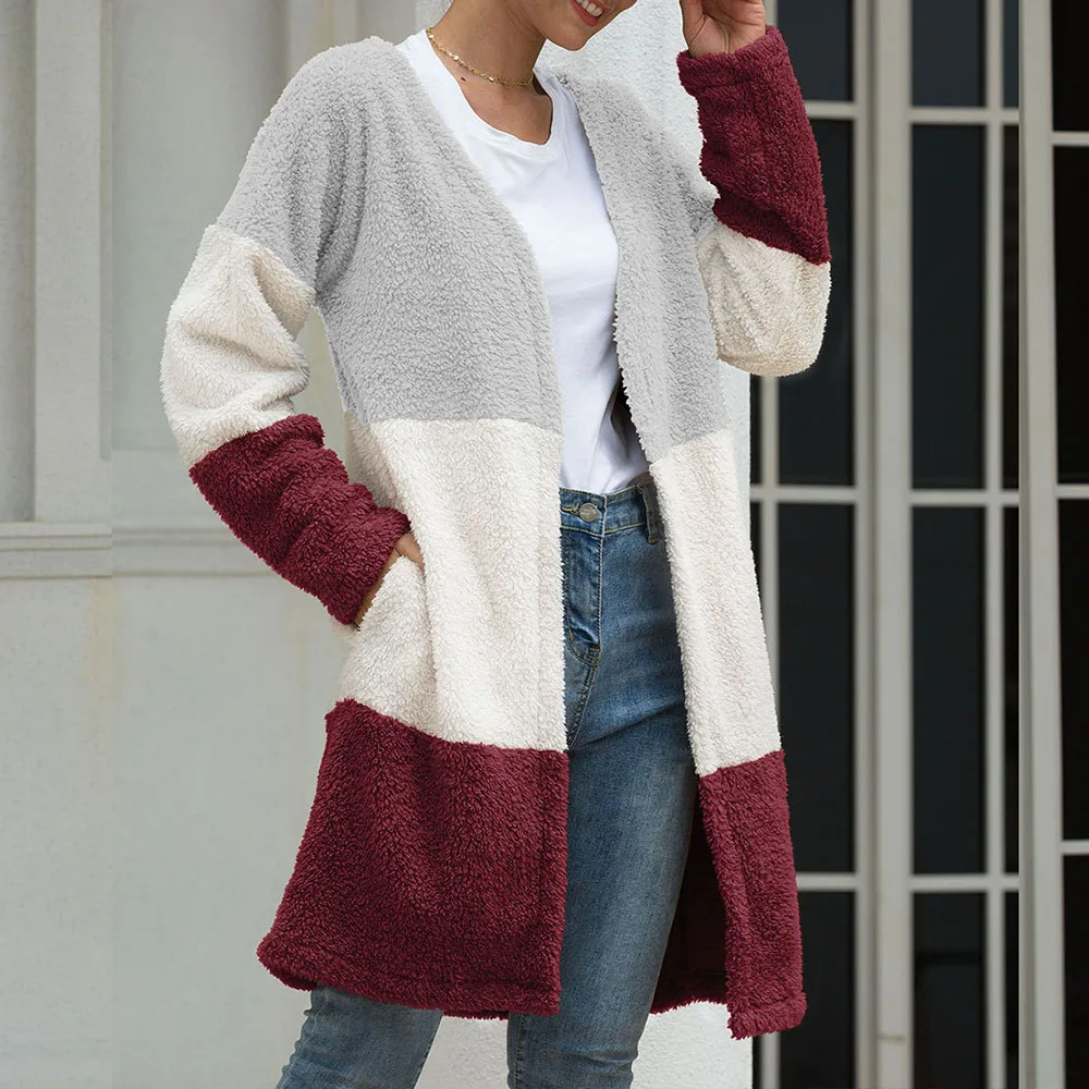 Plush Teddy Coat Cardigan Women Sweater Winter 2019 Warm Patchwork Long Overcoat Autumn Sleeve Outwear Xmas Causal Knitwear |