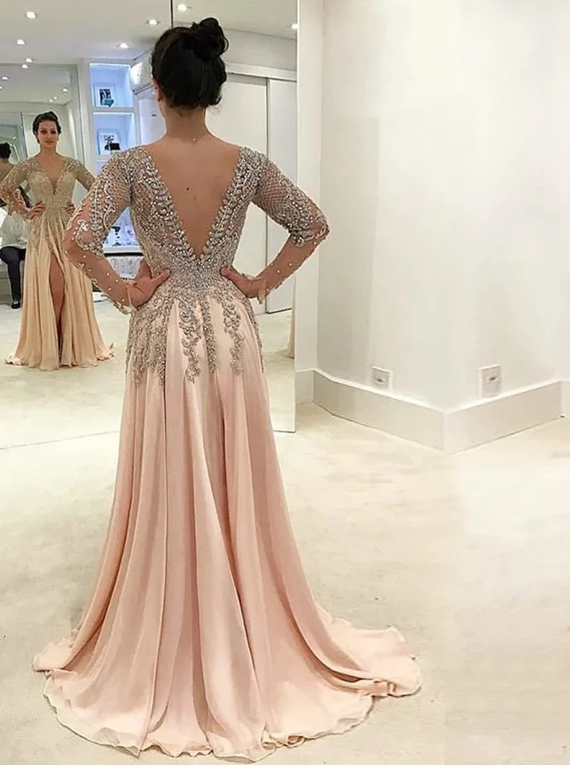 Crystal Beading Long Sleeve Evening Dresses 2021 A-Line Side Slit V-Neck Chiffon Luxury Party Prom Gown Backless Floor Length | Свадьбы и