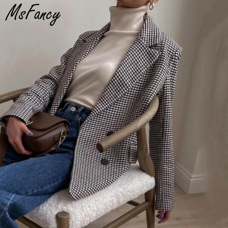 Модный блейзер в клетку Msfancy Женский Осенний двубортный официальный костюм
