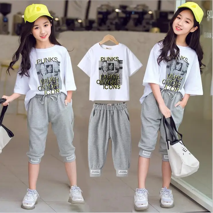 Комплект одежды для девочек 2020 летняя одежда подростков футболка с принтом и