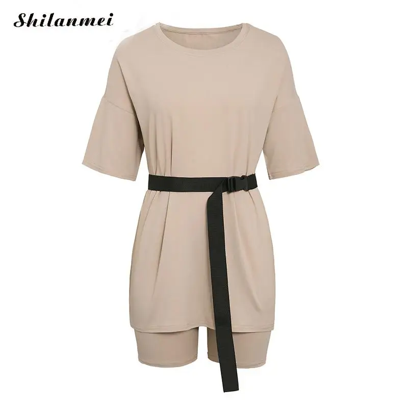 

Two Piece Set With Belt Solid Color Loose Tshirt Top And Biker Casual Shorts Suit Sport Fashion Leisure Suit Outfit 2020 Women