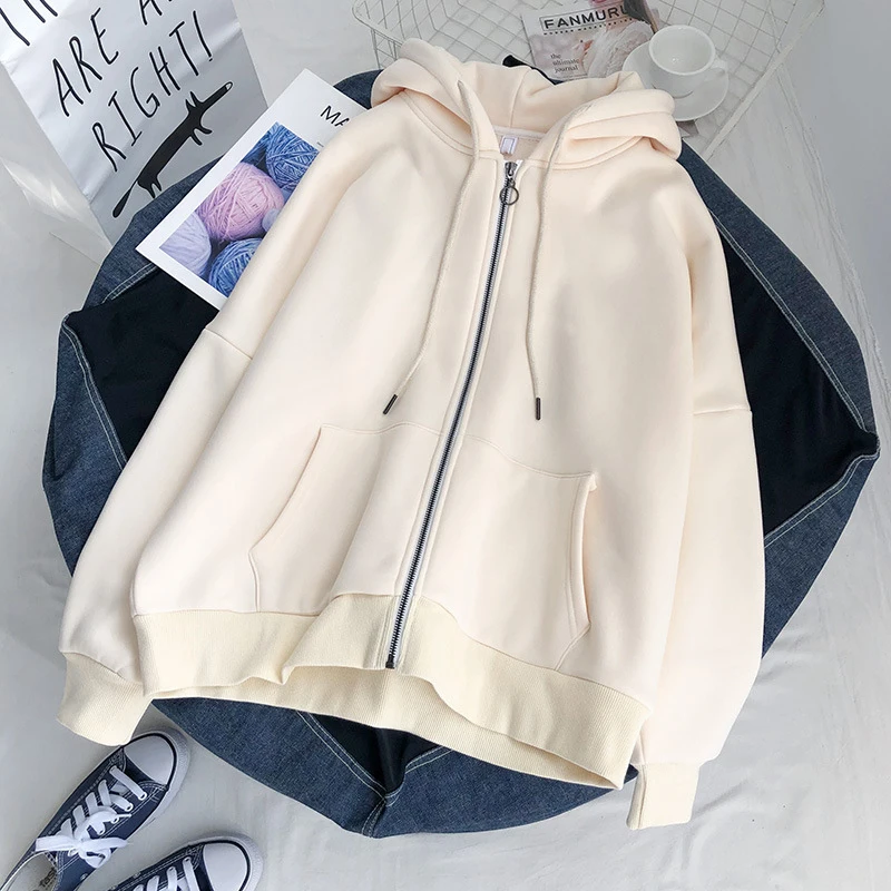 Harajuku Imitation lambswool Soft Warm winter Casual Street Solid Loose Oversized hoodie Zipper Y2K Women sweetshirts grunge Top