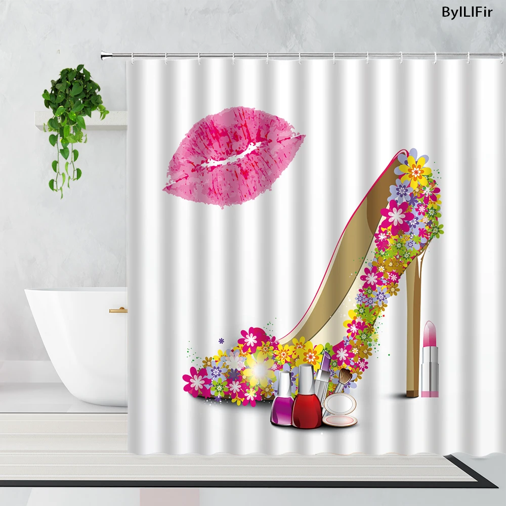 

Туфли на высоком каблуке в виде красных губ занавеска для душа мода косметика цветочный принт Ванна Экран с одной главной балкой с крючком д...