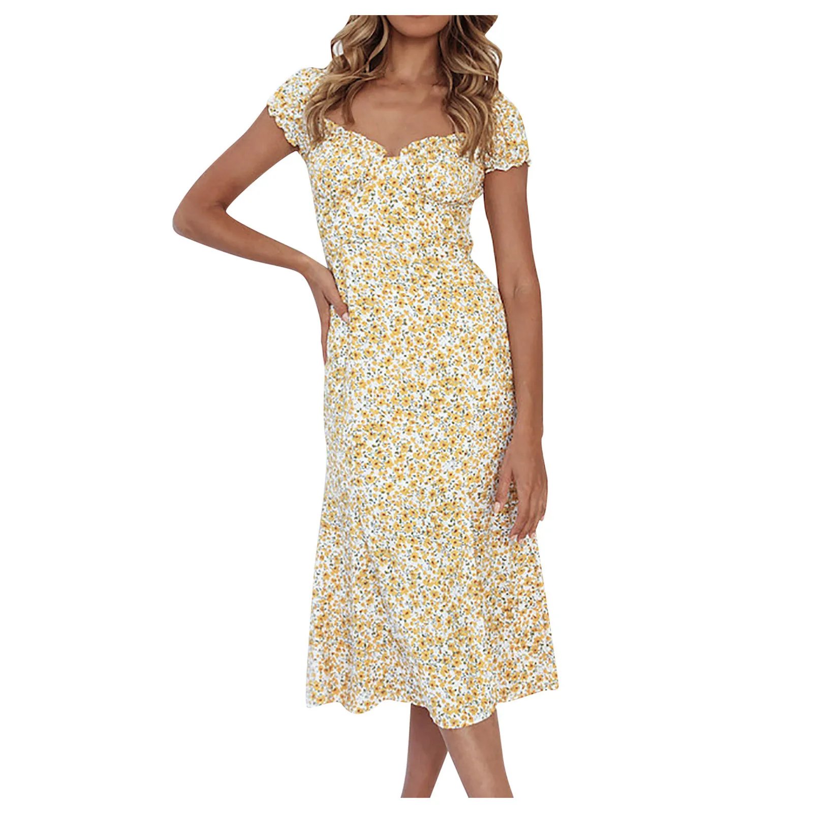 

Women Floral Dresses Boho Split Midi Dress Women Short Sleeve Summer Dress V Neck Elegant Beach Sundress Casual Party Dresses