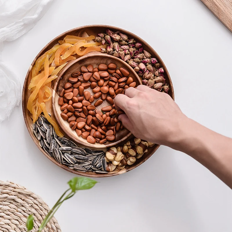 Двухслойная деревянная тарелка для закусок конфет орехов сушеных фруктов