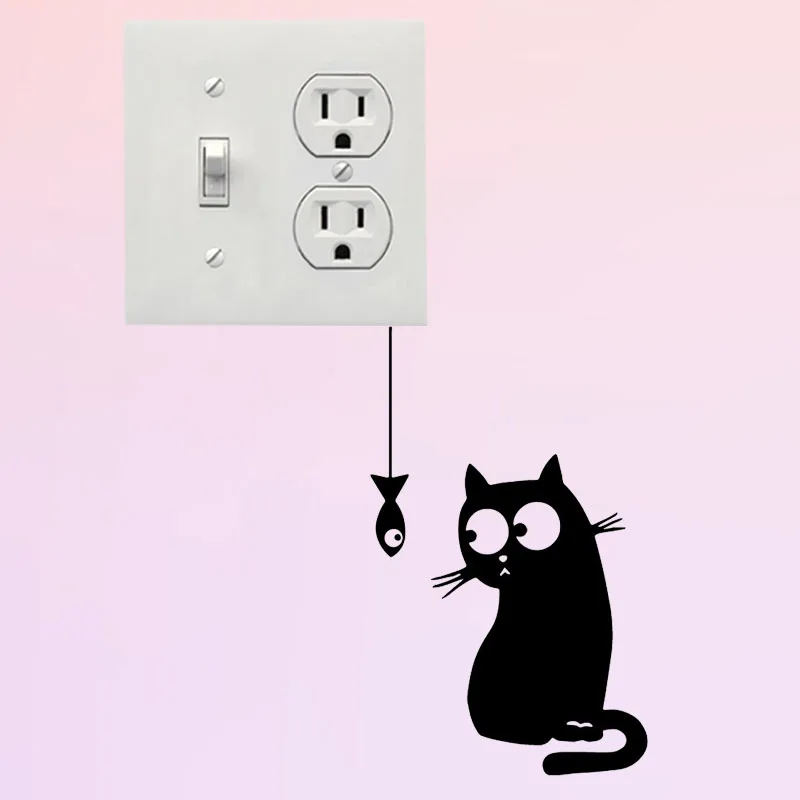 Забавные наклейки на стену с изображением голодного кота и рыбы 3SS0040