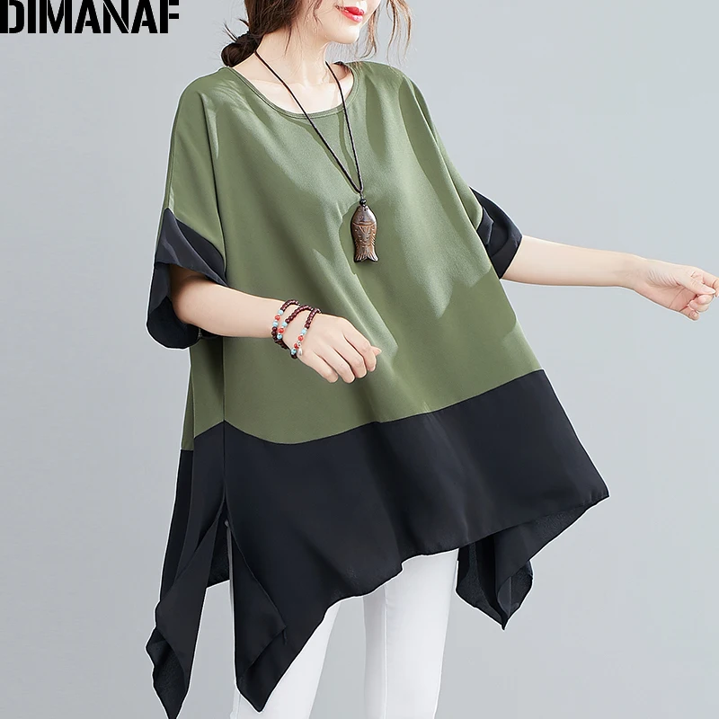 

DIMANAF Summer Plus Size Blouse Shirts Women Clothing Chiffon Solid Spliced Casual Basic Lady Tops Tunic Loose Oversize 5XL 6XL