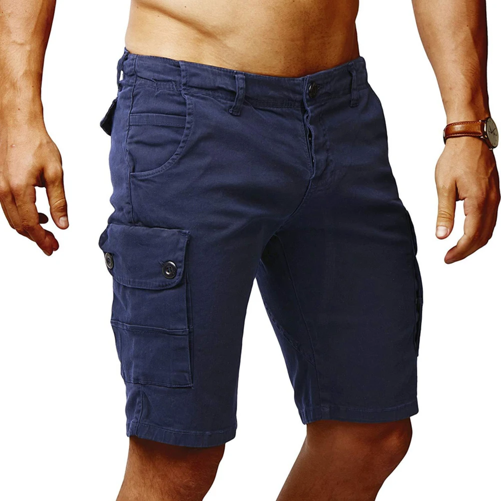 

Men Casual Solid Color Button Zip Multi Pockets Cotton Shorts Beach Trousers
