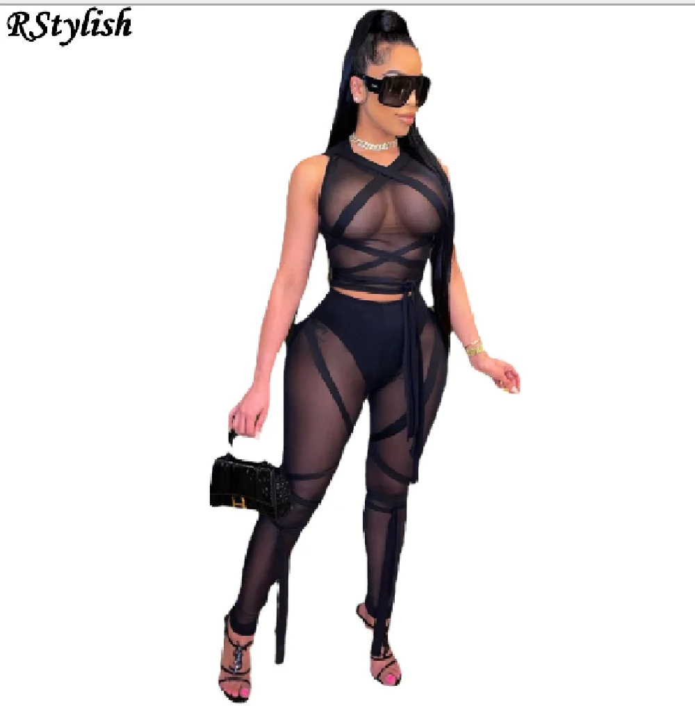 

RStylish Summer Ribbons Sheer Mesh Bandage Two Pieces Sets Women's Sexy 2021 Sleeveless Crop Top See Through Skinny Club Outfits