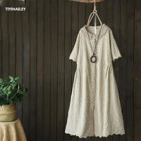 tiyihailey free shipping 2021 summer embroidery short sleeve cotton one piece long mid calf single breasted dress khaki dresses