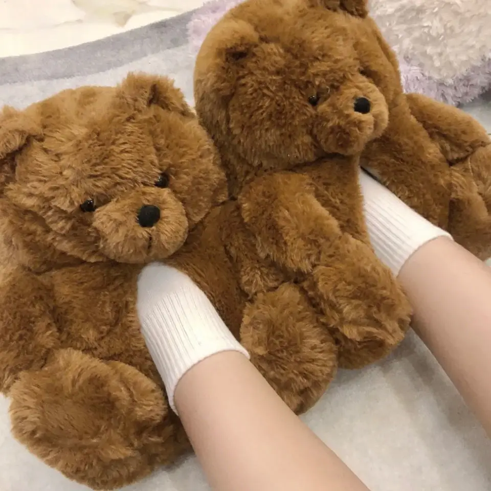 Fun Teddy Bear Home Slipper for Child Women Designer Animal Winter Floor Female Kids Fuzzy Slippers Teddy Bear Shoes Slides