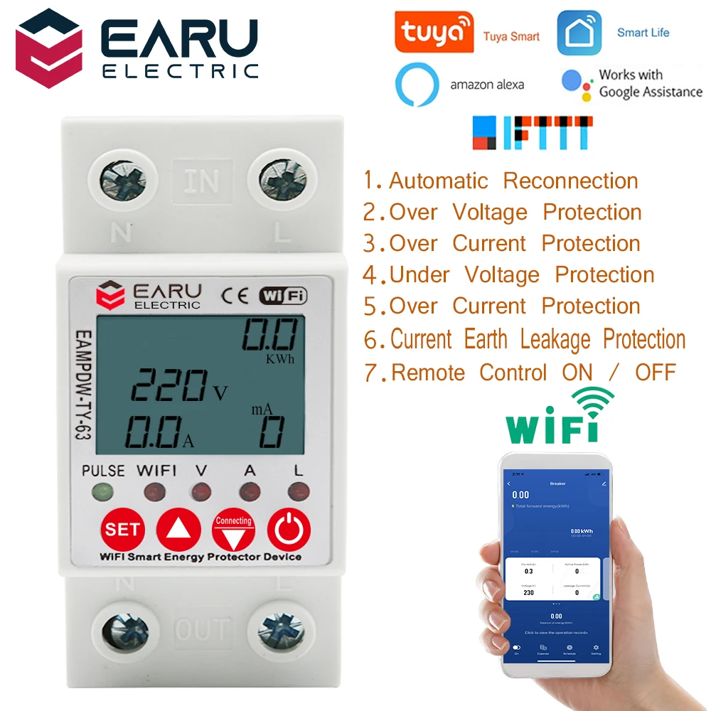 2P 63A TUYA APP WiFi Smart Circuit Earth Leakage Over Under Voltage Protector Relay Device Switch Breaker Energy Power kWh Meter