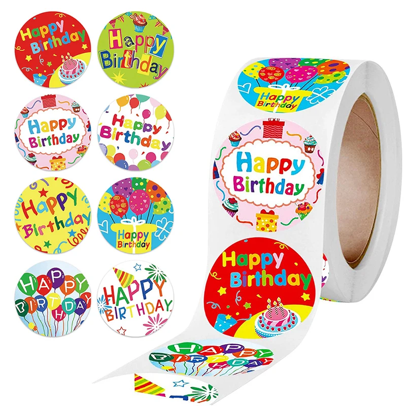 

500Pcs/Roll Happy Birthday Round Stickers Party Gift Packaging Seal Labels