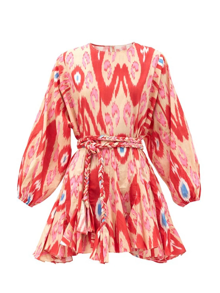 

Tie-dye retro geometric print pattern round neck pullover lace waist dress ladies fall new style loose big hem Puff skirt