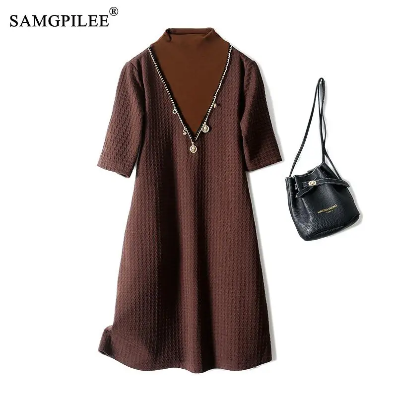 

Elegant Dresses For Women 2021 New Autumn Korean Style Fashion Half Sleeves Dark Plaid Fake Two-piece Stretch Slim Womens Dress