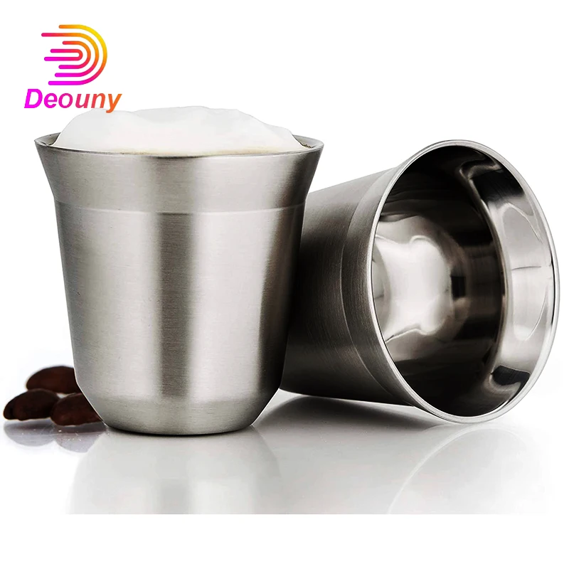 

DEOUNY Stainless Steel Espresso Cup Double Wall Insulated Demitasse 2.7oz Rustproof Travel Metal Cups Glass Stackable Coffee Mug