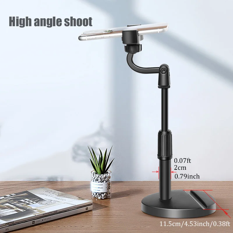 2 in 1 Mobile Phone Holder Tablet Stand Desk 360 Rotate for Desktop Live Streaming Overhead Shoot Video Round Base