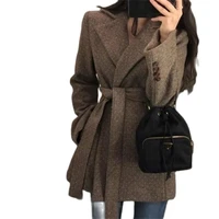 2021 autumn winter woolen coat womens suit jacket hong kong style retro herringbone pattern belt waist thickened woolen coat w7
