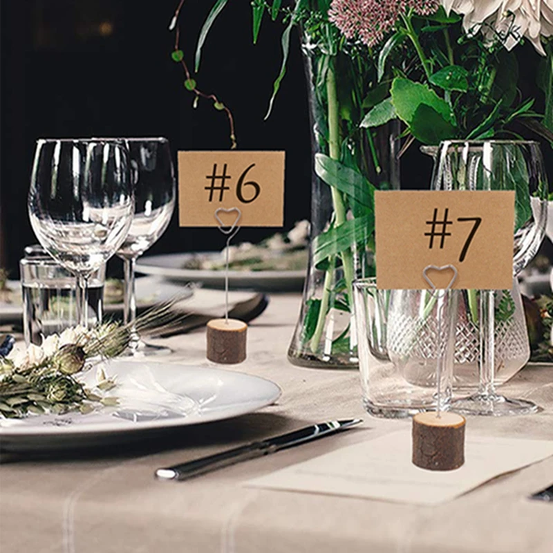 

Natural Wooden Base Card Holder Antique Wire Picture Selection Grip Holder Business Card Number Photo Wedding Home Decor (10pcs)