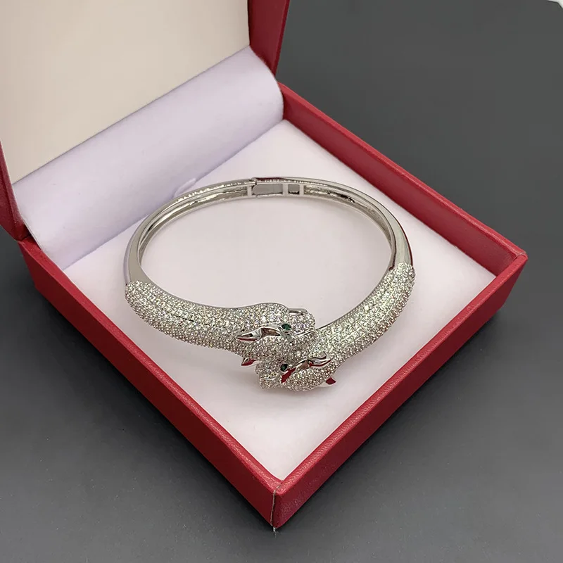 

European and American exaggerated double panther head full diamond zircon animal bracelet domineering personality male and femal